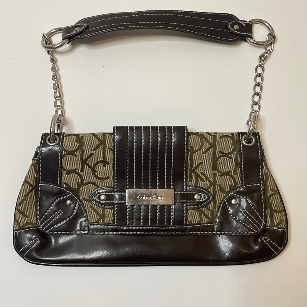 Calvin Klein Small Brown and Tan Baguette Style Purse